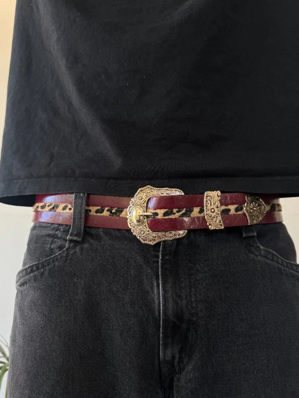 Deep Burgundy Leopard Inlay Ornate Western Belt